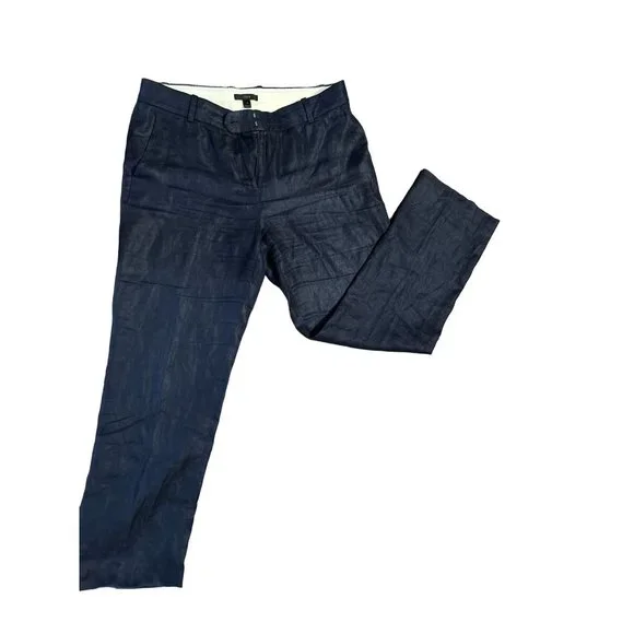 Women's J.Crew 100% Woven Linen Navy Blue Strait Leg Pants Trousers Size 8 - Picture 8 of 10